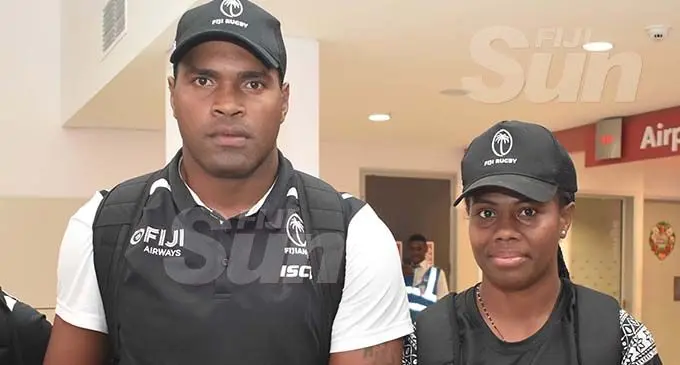 Fiji Airways Fijian 7s rep Josua Vakurunabili and Fijiana rep Reijeli Daveua at the Nadi International Airport on December 18, 2019. Photo: Waisea Nasokia