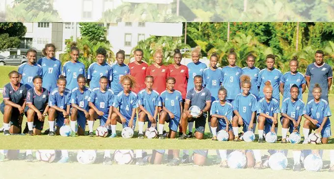 Solomon Islands women’s football team with head coach Batram Suri (kneeling ninth from left) following the Oceania Football Confederation (OFC) women’s nations cup training at Albert Park, Suva, on July 12, 2022.They take on Fiji at 7pm tomorrow. Photo: Ronald Kumar.