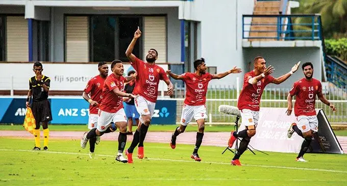 Rewa striker Rusiate Matererega (19) celebrates after scoring the first goal against Lautoka on June 19, 2022, at Suva’s ANZ Stadium. Photo: Leon Lord