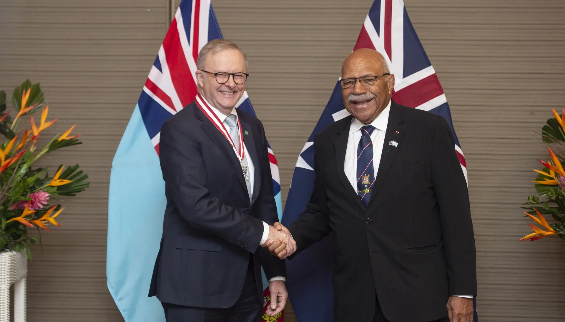 Australian Prime Minister Anthony Albanese with Prime Minister Sitiveni Rabuka on July 6, 2026.