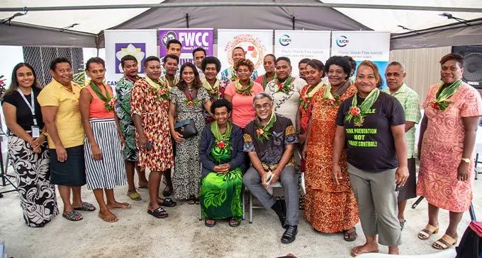 Ministry of Health and Medical Services Permanent Secretary Dr James Fong (sitting, second from left) with participants during the Fiji Women's Crisis Center informal waste picker training in Koronivia on June 21, 2022. Photo: Leon Lord