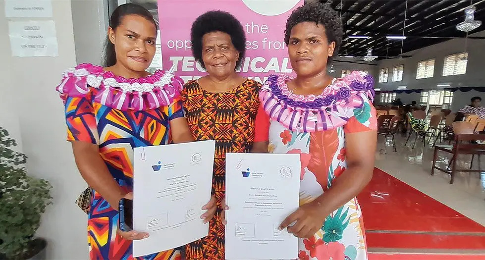 From left: Marica Samabale Biau, Naomi Naibena and Loata Kulawai Biau after the Pacific Polytech graduation at Nausori on May 3, 2024. Photo: Wati Talebula-Nuku 