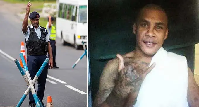 Police officers on high alert outside the Colo-i-Suva Police Post on September 26, 2022. Photo: Leon Lord. INSET: Escaped prisoner Lemeki Tupali.