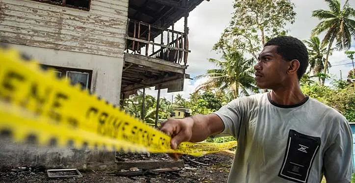 Sailosi Berwick at the scene of the fire at Balabala Crescent, Newtown, on November 19, 2023. Photo: Leon Lord