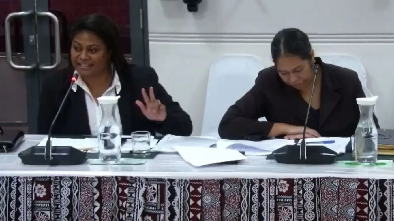 Patricia Naisara (left) addressing the Standing Committee on Justice, Law and Human Rights on the Fiji Police Bill.