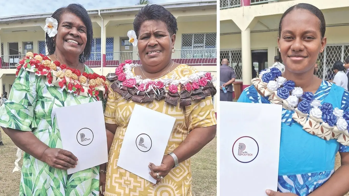 From left: Miriama Tuinawavo, Verenaisi Raditora and Adi Laite Tuvuki after the Pacific Polytech graduation in Tavua on August 7, 2026.
