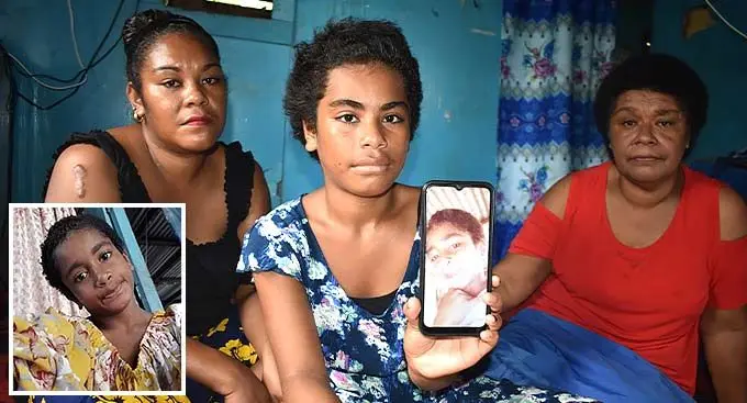 From left: Kinisimere Gonerogo (mother) with daughter Kathie Fiona Gonerogo holding her younger sister, Karalaini Esther Gonerogo’s photo and Sabeta Veresi (grandmum) at their home in Korociri, Nadi. Photo: Mereleki Nai (Inset: Victim Karalaini Esther Gonerogo.)