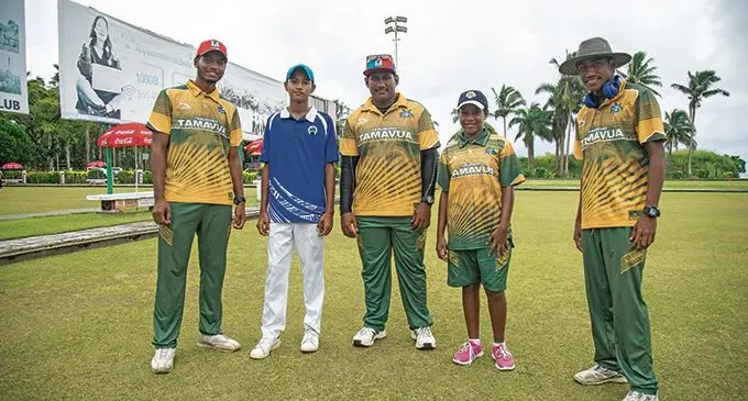 Young bowlers at the Coca-Cola National Triples Championship (left-right) Albert O’Connor, Krishan Singh, Jovesa O’Connor, Amelia Johnson, John O’Connor at the Suva Bowling Club on February 21, 2021. Photo: Leon Lord