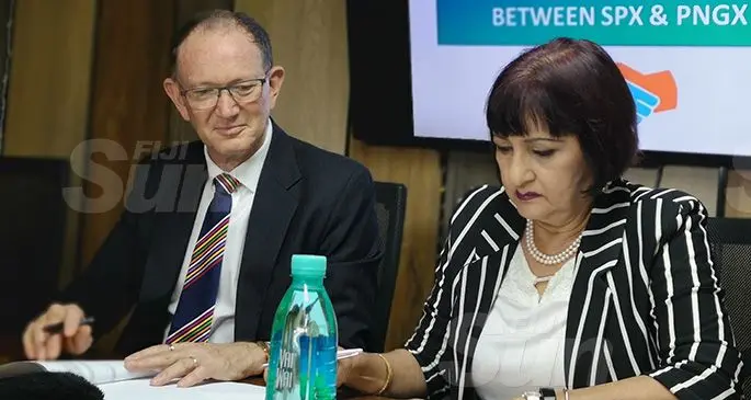 PNGX chairperson David Lawrence (left) with SPX chairperson Nur Bano Ali during the MoU signing at the SPX head office in Suva on December 9, 2019. Photo: Laiseana Nasiga