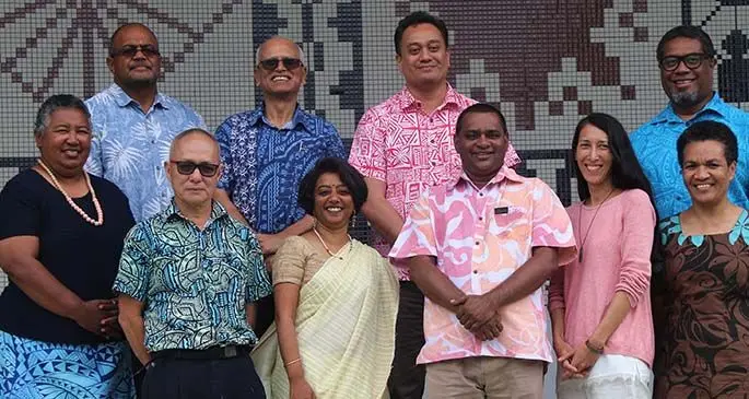 Mai TV Reset Fiji panel. Back (from left): Panelists Lavinia Kaumaitotoya, James Sowane, Ram Bajekal, Kenneth Katafono, Masi Latianara (front from left) Wah Sing Yee, Sashi Kiran, Stanley Simpson, Jodi Smith and Mere Naulumatua.  