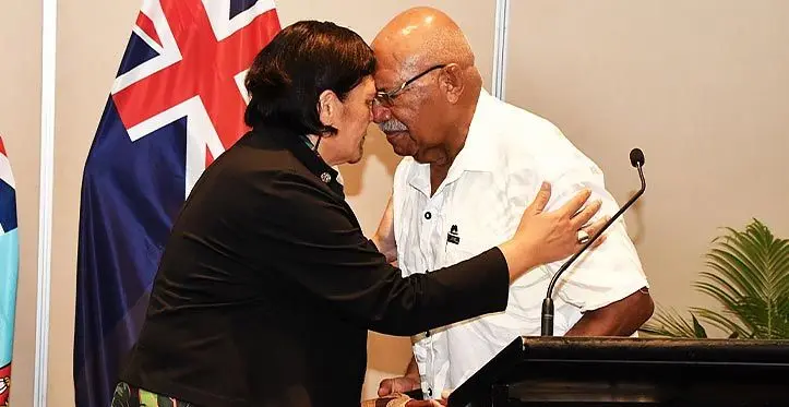 Prime Minister Sitiveni Rabuka greets New Zealand's Foreign Affairs Minister, Nanaia Mahuta, in Nadi on March 16, 2023. Photo: DEPTFO