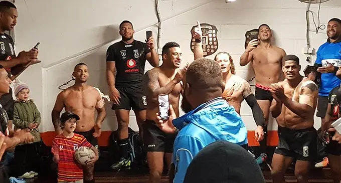 Vodafone Fijian Bati team in their changing room after their match against Lebanon on June 22,2019.  Photo: Leone Cabenatabua
