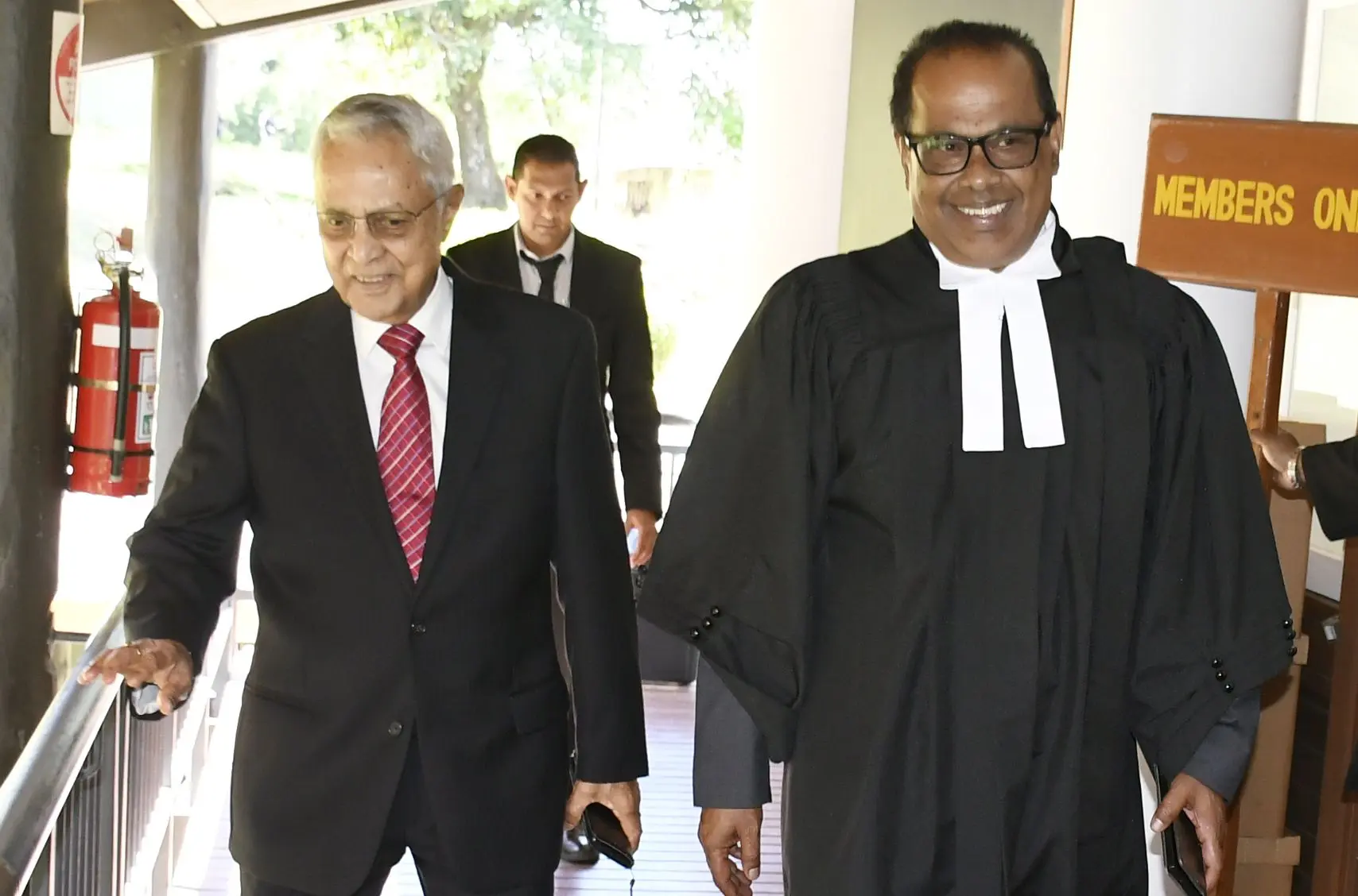 Fiji Labour Party (FLP) leader Mahendra Chaudhry with FLP lawyer Jagath Karunaratne at the Supreme court complex in Suva on August 19, 2025.