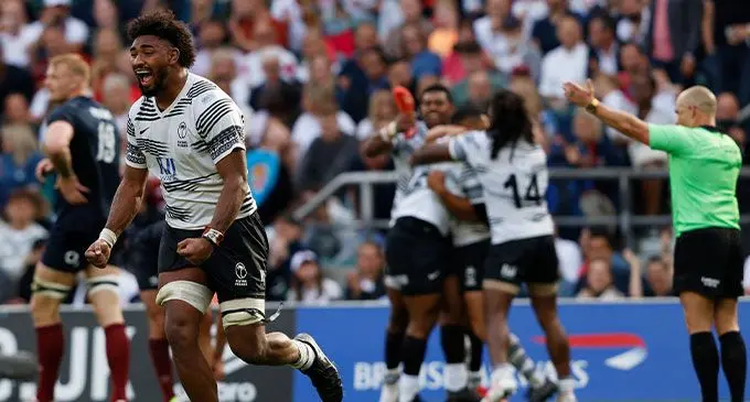  FIJI Water Flying Fijians lock Isoa Nasilasila celebrates after the final whistle as they beat England 30-22 in Twickenham on August 26, 2023. Photo: AFP