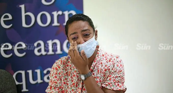 Distraught Divya Chetty speaking after lodging her complaint to the Human Rights Commission in Suva on January 31, 2022. Photo: Leon Lord  