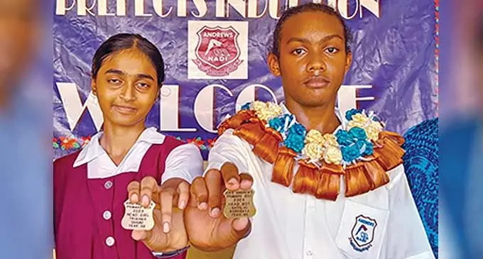 Andrews Primary School head prefects (from left), Trisha Chand, Vatiliai Korosaya the school’s prefect induction in Nadi on February 28, 2024. Photo: Waisea Nasokia