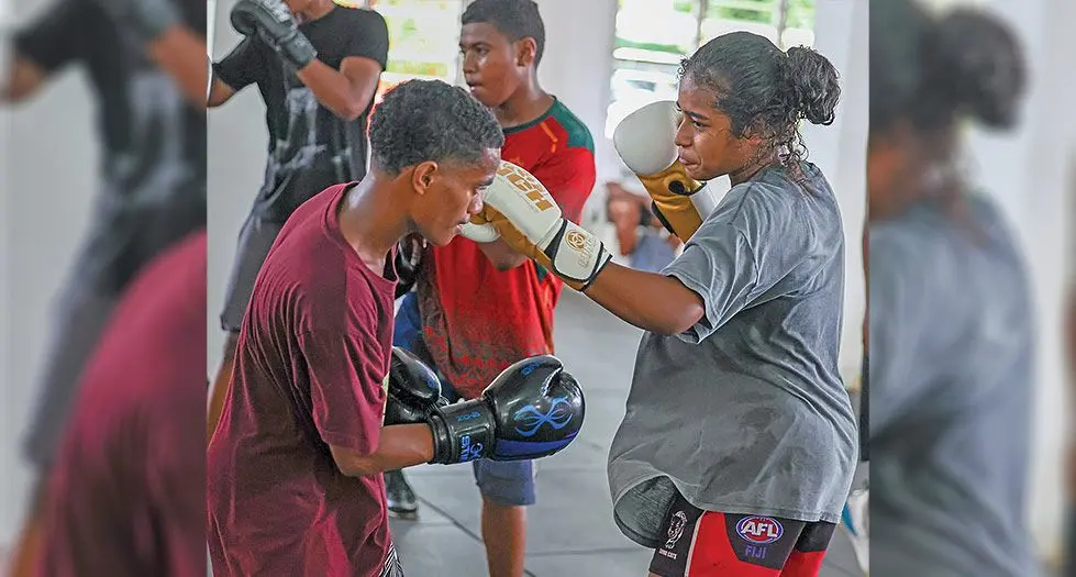 Merewalesi Kolitapa (right) during the Fiji Amateur Boxing Association junior boxers training camp at the Commander  Stan Brown gym, Walu Bay, Suva on January 6, 2024. Photo: Sereana Salalo
