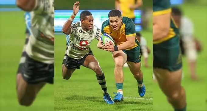 Vodafone Fijian Under-20 winger Tevita Boseiwaqa attempts to stop his Australian opponent during their Oceania match on July 5, 2022, in Australia. Fiji lost heavily 5-58. Photo: Oceania Rugby