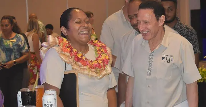Tourism Fiji chairman and Fiji Airways managing director and CEO, Andre Viljoen ,shares a light moment with the permanent secretary for Tourism and Civil Aviation Salaseini Daunabuna at Sofitel Fiji Resort and Spa on February 28, 2023. Photo: Waisea Nasokia