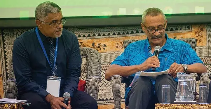 Dr James Fong and renowned local surgeon Dr Eddie Hansel McCaig during the National Economic Summit at the Grand Pacific Hotel, Suva on April 20, 2023. Photo: Jone Salusalu