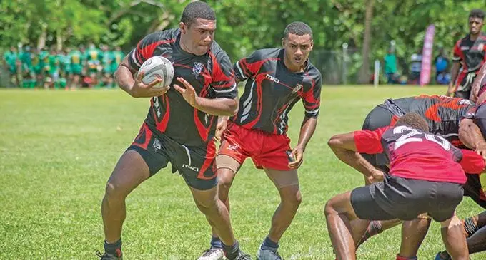 Sailosi Dawaqadamu of Sunset Savura Black attacks against Naqarani during the Suva CRugby Union club competition at Bidesi Park in Suva on March 20, 2021. Photo: Leon Lord