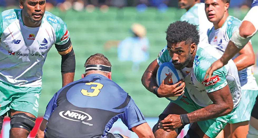 Etonia Waqa of the Fijian Drua takes on Tom Robertson of the Western Forced (left) during the Super Rugby Pacific Round 6 match at HBF Park in Perth, on Sunday, March 23, 2025. Photo: AAP Image/Trevor Callens 
