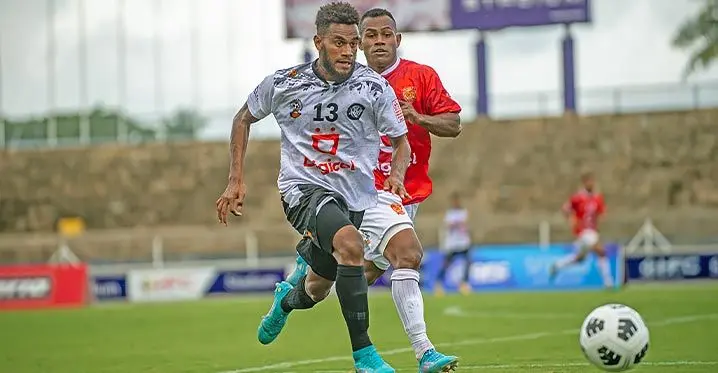 Rams Cleaning Services/ All Freight Logistics Suva striker Azariah Soromon on attack against Design Marine Services Rewa in their Oceania Football Confederation (OFC) playoffs at the HFC Bank Stadium in Suva on February 26, 2023. Photo: Leon Lord