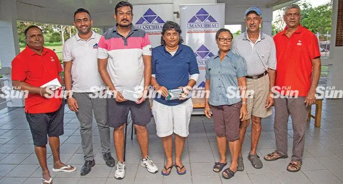 Winners and officials (from left) Vijay Pillai ( A- grade 1st place) Atish Kumar Singh (RC Manubhai group marketing manager) Goel Aman Lal (C- grade 1st place), Kamini Singh (Ladies 1st place) Agnes Manegreve (club committee chair),Mahmood Buksh (Fiji Golf Club committee member) Fiji Golf Club captain Mahendra Nair at the Fiji Golf House in Rifle Range, Vatuwaqa, on April 9, 2022. Photo: Leon Lord