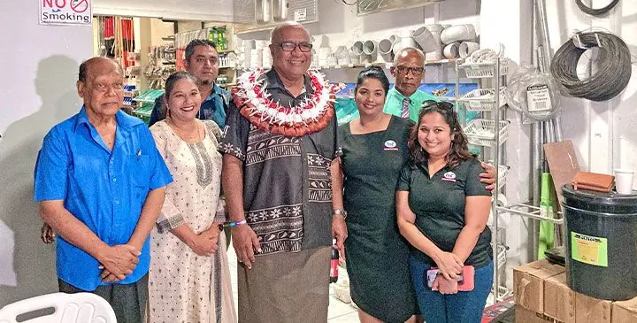 Family Choice Supermarket & Cafe PTE Limited owner Laleena Kumar (second from left} and Deputy Prime Minister and Minister for Trade Manca Kamikamica (wearing garland} with others at the opening of the supermarket on February 28, 2025. Photo: Jernese Macanawai