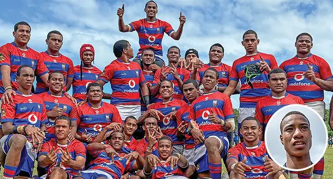 Marist Brothers High School Under-17 team after defeating Queen Victoria School on August 17, 2024. The side will face Ratu Kadavulevu in the Under-17 final on Saturday. Photo: Josua Buredua/Inset: Marist Brothers High School Under-17 centre Lepani Bavai. Photo: Josua Buredua