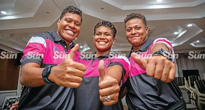 Members of the Fijiana Drua, from left, Sereima Leweniqila, Japan-based Jiowana Sauto and Vika Matarugu at the Suva Southern Cross Hotel on February 14, 2022 before departing for the Super W Competition in Brisbane, Australia.  Photo: Leon Lord