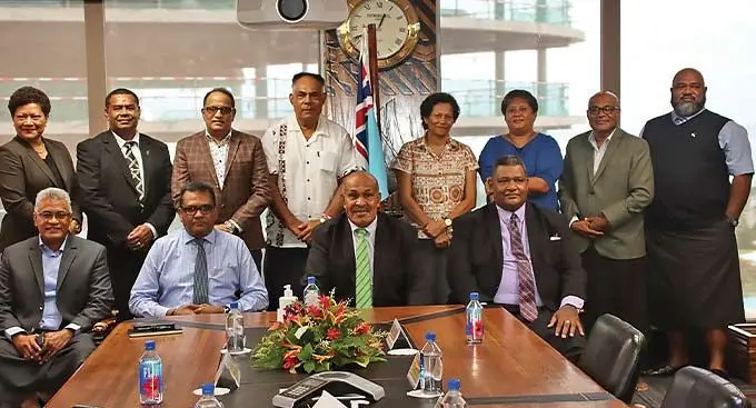 Sitting from left: Fijian Holdings Limited Group Chief Executive Officer Jaoji Koroi, FHL Acting Chairman Yogesh Karan, Minister for i-Taukei Affairs, Culture, Heritage and Arts Ifereimi Vasu, Assistant Minister for Rural, Maritime Development and Disaster Management Ratu Isikeli Tuiwailevu with FHL and i-Taukei affairs executive members on Monday. Photo: I-Taukei Affairs Board.
