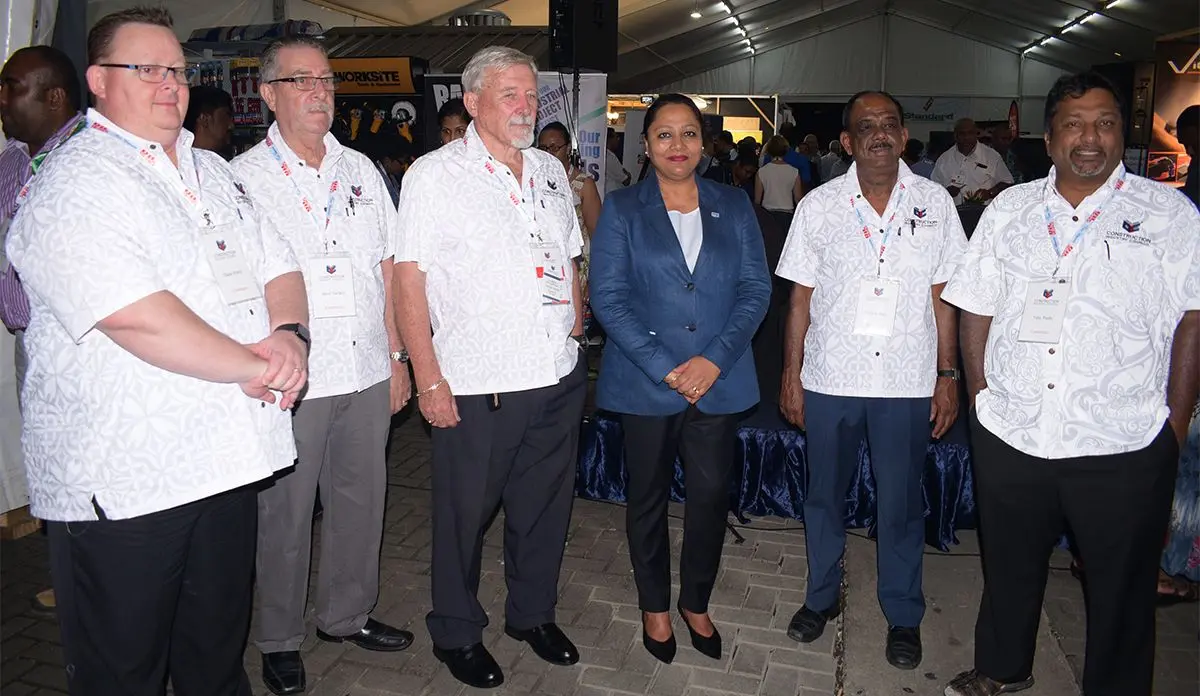 Construction Industry Council members (from left) Shane Harris, Steve Hallacy, President Gordon Jenkins, Minister for Industry, Trade and Tourism Premila Kumar, Chandar Bala and Vijay Naidu during  2nd trade show at Grand Pacific Hotel in Suva on June 13, 2019. Photo: Ronal Kumar.
