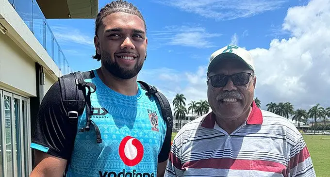 Vodafone Fiji Bati prop Jordan Miller (left) with his grandfather Cyril Miller at Albert Park, Suva on October 21, 2024. Photo: Sereana Salalo. 
