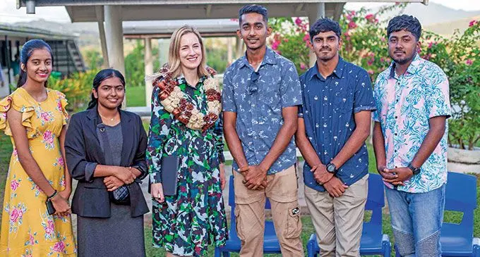Fiji National University’s Chancellor and Chair of Council Tessa Price (Third from left) with students at Naduna Campus in Labasa. Photo:
