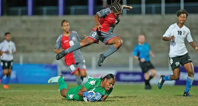 Digicel Fiji Under-19 star goalkeeper Mereseini Waqali makes a save against New Caledonia in the quarterfinal clash of the OFC Women’s U19 Championship at the HFC Bank Stadium in Suva on July 1, 2023. Fiji won 1-0 and will take on Samoa on Wednesday. Photo: OFC Media