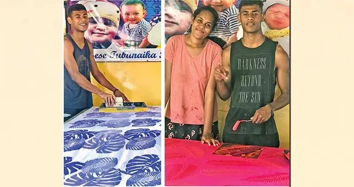 Left: Vilitati Soro designing the materials. Right: Tieri owners Vilitati Soro and Salote Rasovo Soro working on a new design.