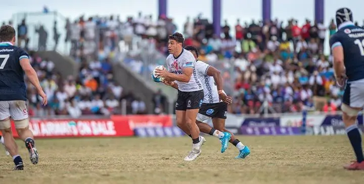 Fiji Water Flying Fijians playmaker Caleb Muntz on attack against Scotland during their Test match on July 12, 2025. Fiji Sports Council has been called out by various stakeholders regarding the condition of the HFC Bank Stadium. Photo: Josua Buredu