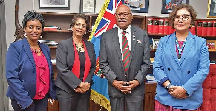Prime Minister Sitiveni Rabuka with the UNDP Assistant Administrator and UN Assistant Secretary-General Kanni Wignaraja (second from left) and participants of the UNDP high-level mission to Fiji. Photo: DEPTFO