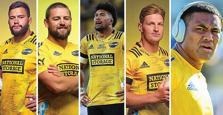 From Left: Tyrel Lomax (Prop), Dane Coles (Hooker), Ardie Savea (Loose Forward),  Jordie Barrett (Utility Back) and Julian Savea (Wing).
