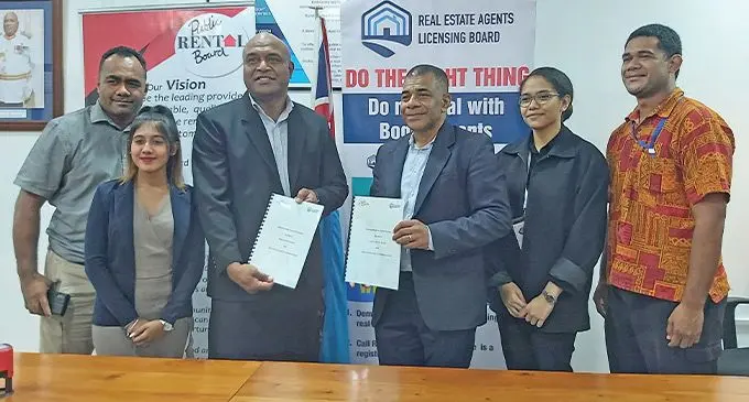 From left: PRB community officer Sitiveni Tabua, REALB research officer Bhavna SIngh, REALB registrar Peni Komainavoka, PRB general manager Timoci Naleba, PRB legal officer Joyce Hicks, and PRB research officer Basalusalu at the MOU signing at REALB office in Suva on July 27, 2023. Photo: Ashna Kumar