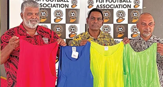 From left: Fiji Football Association chief executive officer Mohammed Yusuf, vice president Jitend Reddy and Mohammed Shameem during the handover of the training bips at the Fiji FA headquarters in Vatuwaqa, Suva on February 14, 2024. Photo: Sereana Salalo