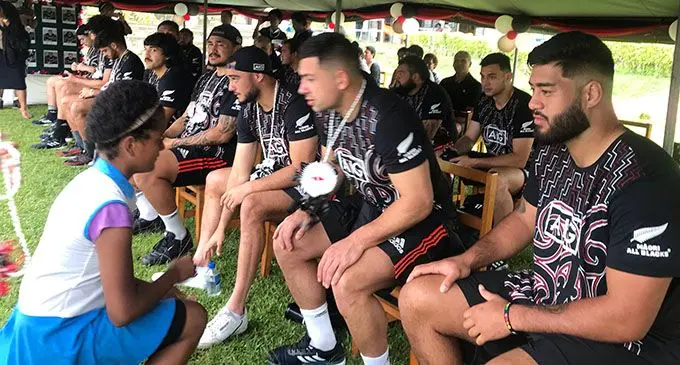 Maori All Blacks players at Stella Marist Primary School in Nasese, Suva on July 12, 2019. Photo: Grace Narayan