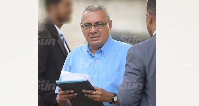 Accused Ben Padarath (left) outside the Suva courthouse, with his lawyer Filimoni Vosarogo on March 31, 2021. Photo: Ronald Kumar