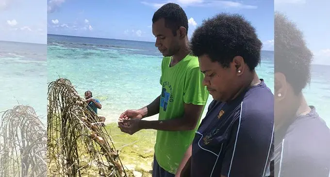The coral planting team (from left) Lau Provincial Conservation Officer Viliame Driti, and GIS Officer Kalesi Nadalo in Kabara. Photo: Kelera Sovasiga