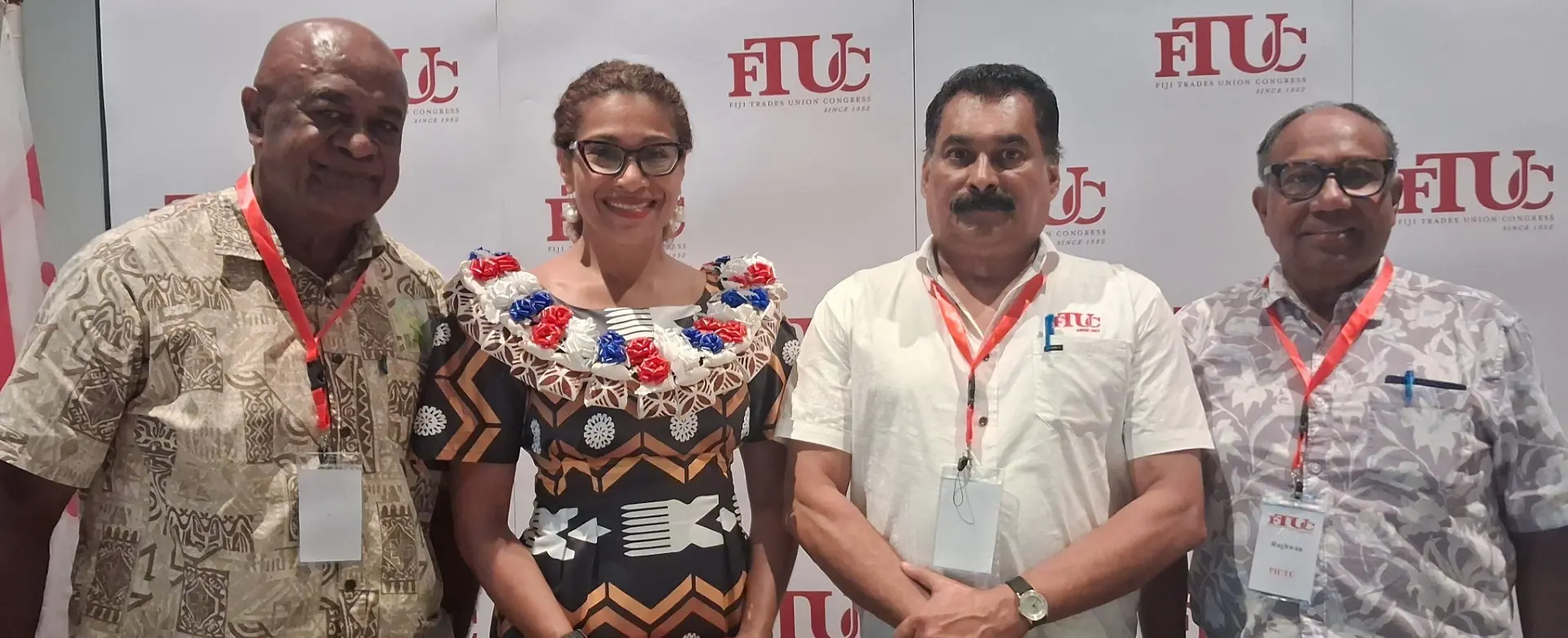 FTUC president Daniel Urai, Minister for Information Lynda Tabuya, FTUC secretary Felix Anthony and PICTU coordinator Raghwan at the event.  Photo: Waisea Nasokia