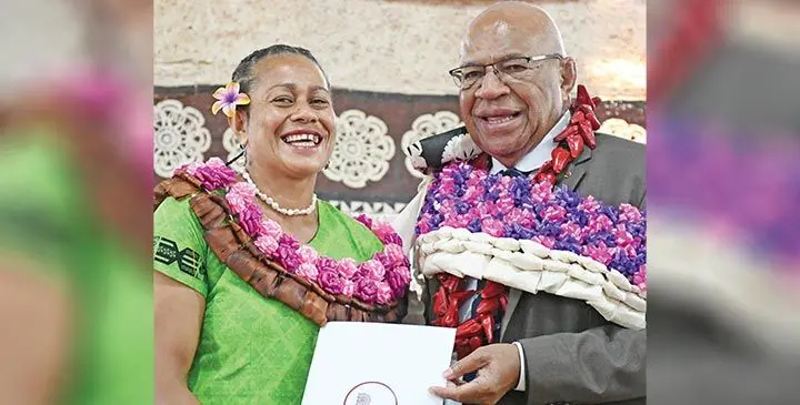 Graduate Meresaini Simpson, with Prime Minister Sitiveni Rabuka, on May 22, 2025. Photo: Ronald Kumar