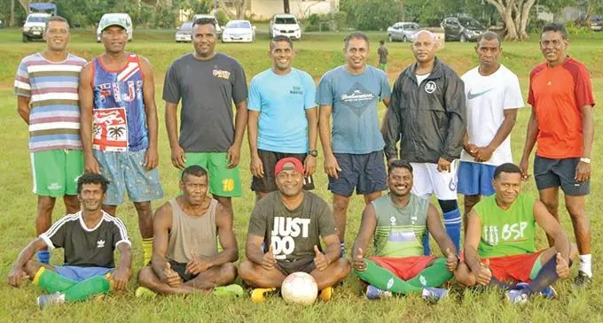 Members of the JK Builders Nadi Veterans team during training at Namaka grounds, Nadi on March 9, 2021. Back: (from left) Afroz Ali, Timoci Matanitu, Mota Narayan, Aiyaz Hussein, Parmendra Kumar, Mahen Prasad, Maika Waqa, Lambert Sarju. Front: Prem Junior, Peniasi Vakasaukuru, Watisoni Voli, Bimal Naidu, Kalavesi Donuho.  Photo: Waisea Nasokia