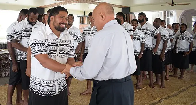 Fiji Airways Flying Fijians prop Campese Ma’afu with President Major General (Ret’d) Jioji Konrote following their i-tatau presentation at the State House, Suva on July 11, 2019.  Photo:Ronald Kumar