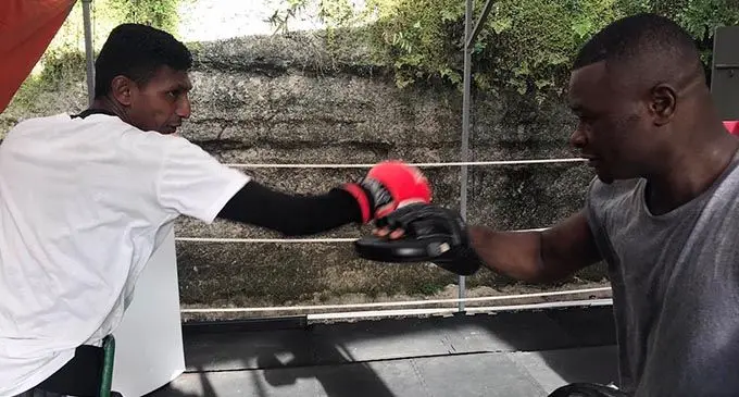 Former Fijian bantanweight champion Krishnil Mudaliar (left) works on his hand speed with Joseph Kwadjo during training for the March 14 title fight against Junior ‘The Razor’ Farzan Ali at the FMF Gym, Suva.. Photo: Waisea Nasokia